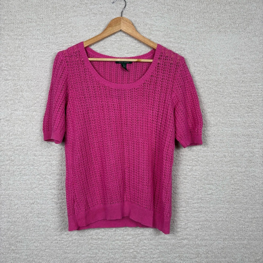 Lauren Ralph Lauren Top‎ Womens Large Pink Open Knot Cotton Linen Blend Sweater